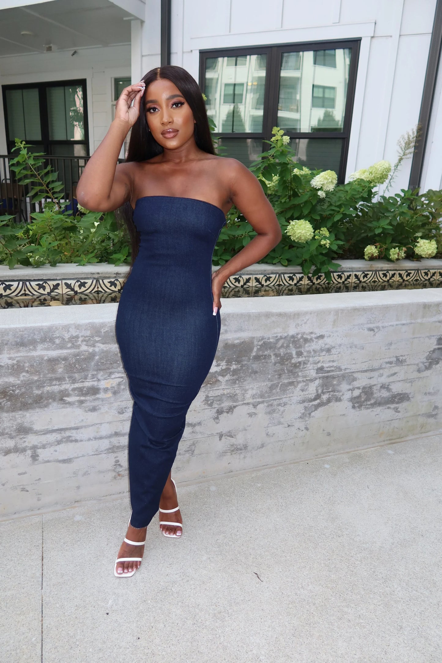 DENIM DIVA STRAPLESS MAXI DRESS