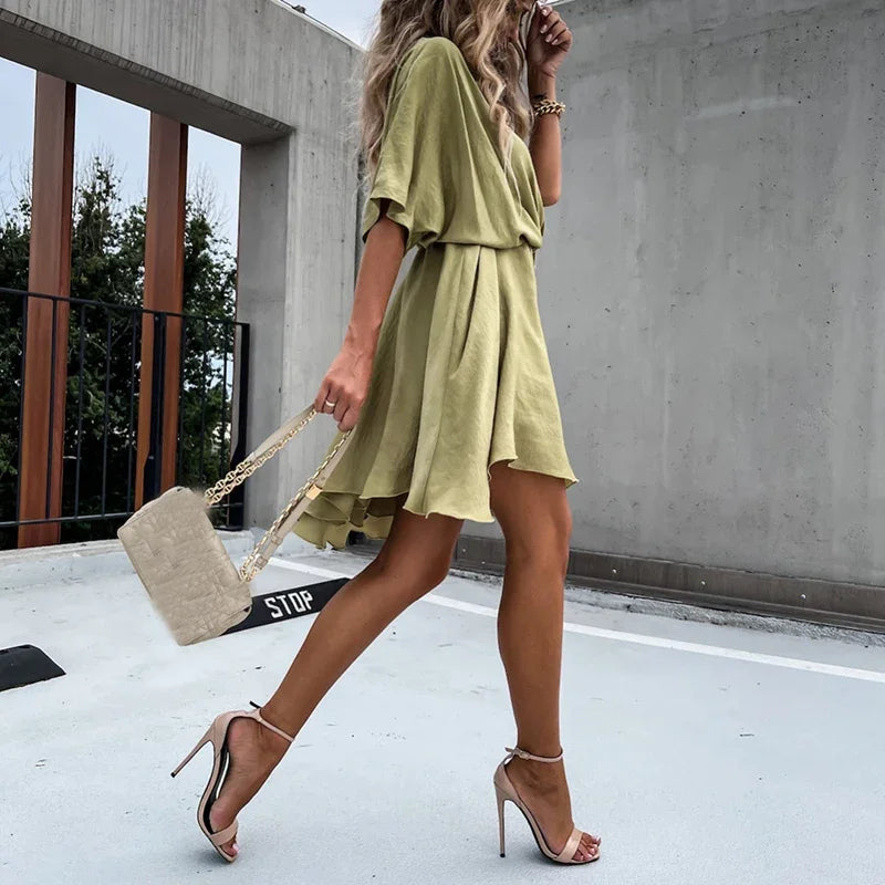 SUMMER BREEZE CASUAL V NECK MINI DRESS