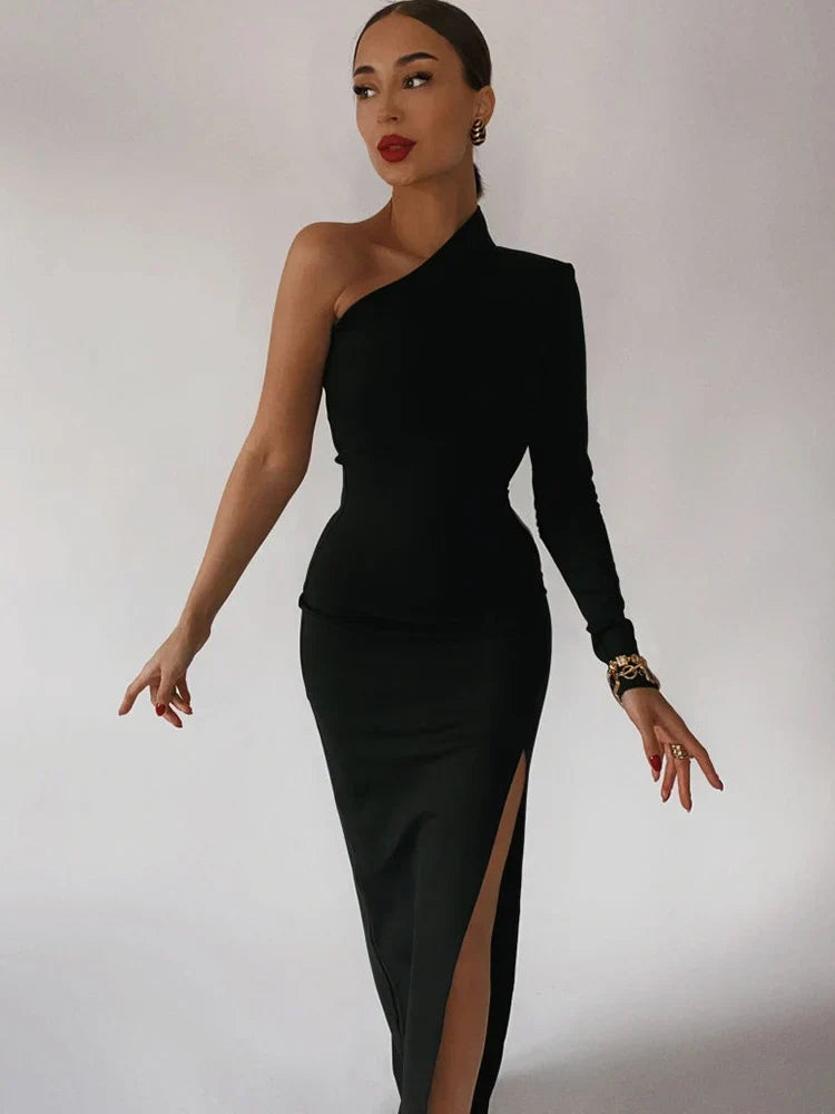 SLEEK SILHOUETTE ONE SHOULDER MAXI DRESS